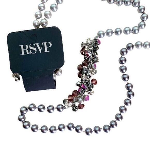 NEW RSVP Long Dressy Necklace Purple Rhinestone Crystal Pearls Silver Chain - Picture 1 of 6